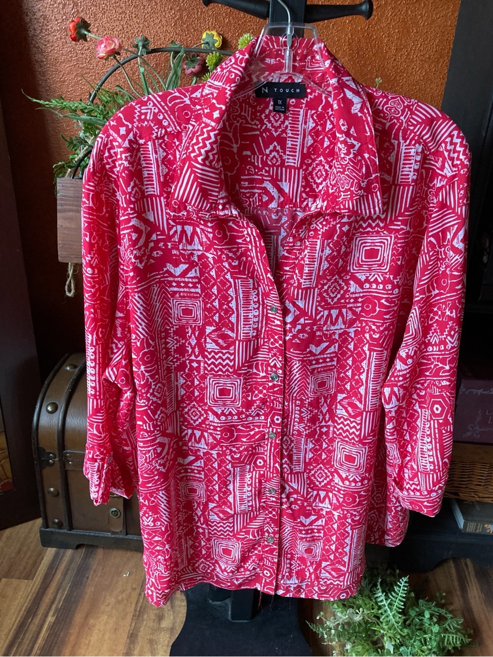 NTouch Size 1X pink white patterned elbow length sleeve shirt - Picture 4 of 7